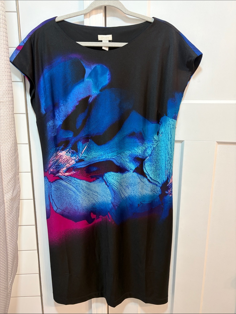 Chico's Black Midi Dress with Blue and Pink Floral Print